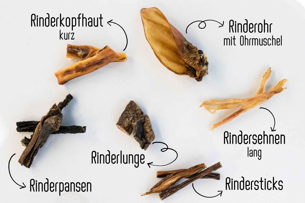 Rindermix für Hunde - Eine tolle gemischte Tüte um verschiedene Snacks vom Rind zu testen. Enthalten ist unsere Rinderkopfhaut, Rinderohren, Rinderpansen, Rinderlunge, lange Rindersehnen und unsere Rindersticks.